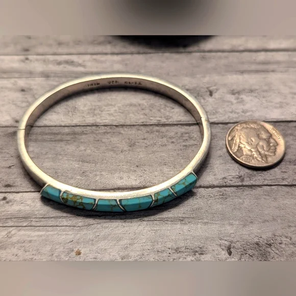 Taxco Vintage Turquoise Inlay Sterling Hallmarked & Stamped .925 Hinged Bracelet